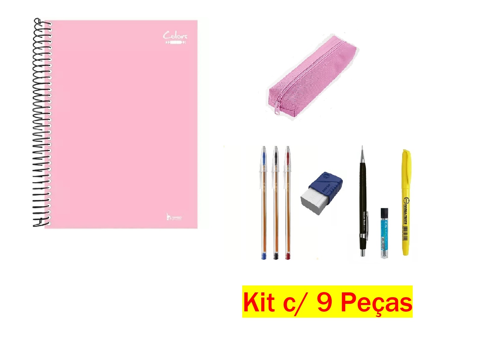 Kit Escolar Estudante Caderno Rosa 10 Mat...